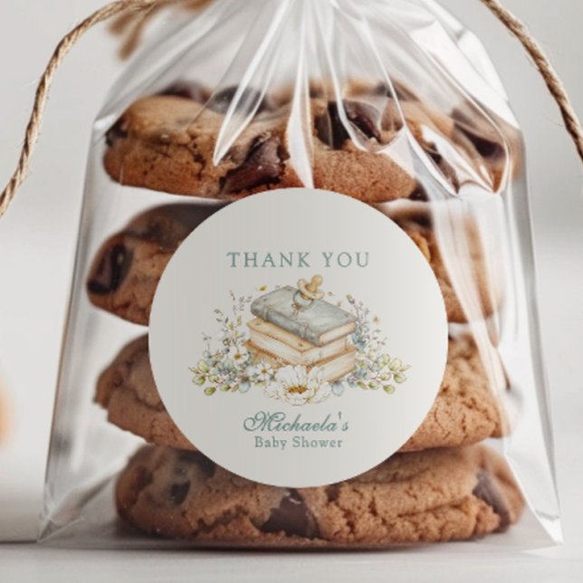 Adesivo Redondo A New Chapter Begins Rustic Book Theme Baby Shower (Criador carregado)