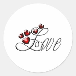 Adesivo Redondo A palavra Amor com corações cintilantes vermelhos
