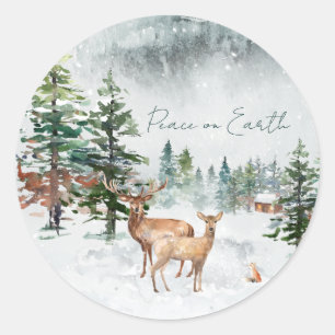 Adesivo Redondo A Paz Dos Animais Da Floresta De Inverno No Natal