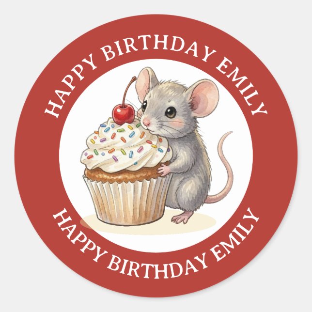 Adesivo Redondo A Personalized Birthday Mouse with Cupcake (Frente)