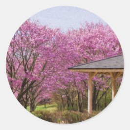 Adesivo Redondo a row of cherry blossom trees and hut