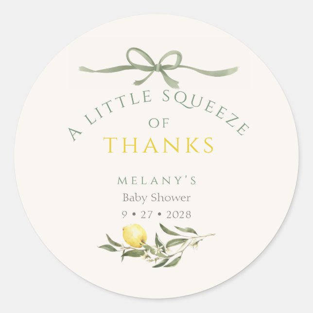 Adesivo Redondo A Squeeze of Thanks Lemon Citrus Baby Shower (Frente)