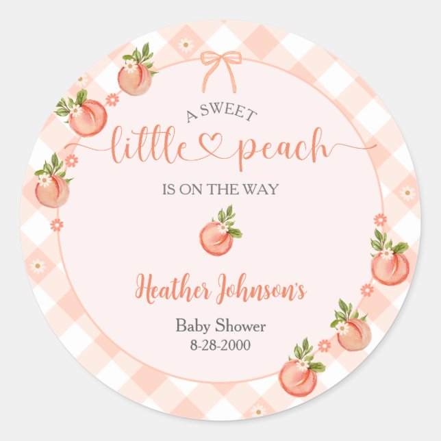 Adesivo Redondo A Sweet Little Peach Gingham Baby Shower (Frente)