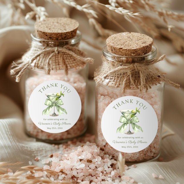 Adesivo Redondo A tini Martini Sage Baby Shower Thank you Sticker (A tini one is on the way Sage green martini coquette bow baby shower Thank you stickers)