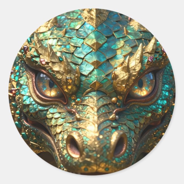 Adesivo Redondo A Turquoise and Gold Dragon Mystical (Frente)