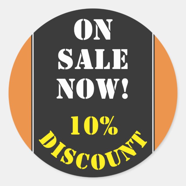 Adesivo Redondo "À VENDA AGORA!" Vinheta redonda "10% DESCONTO" (Frente)