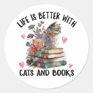 Adesivo Redondo A vida é melhor com Gatos e Livros Gato Engraçado