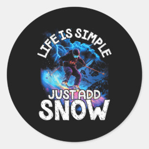 Adesivo Redondo A vida é simples, adicione neve, aventura de esqui