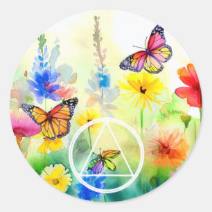 Adesivo Redondo AA Símbolo Borboletas e Flores Recuperação
