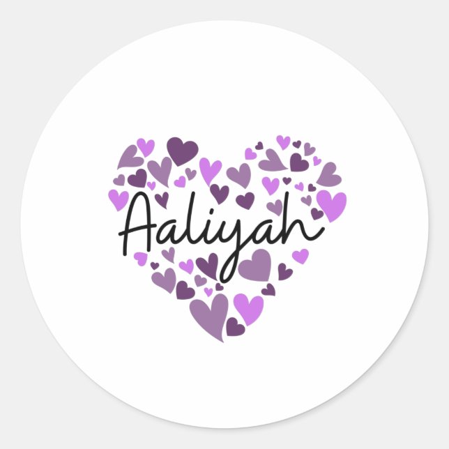 Adesivo Redondo Aaliyah, corações roxos (Frente)