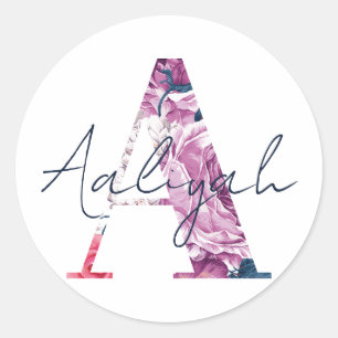 Adesivo Redondo Aaliyah Name Custom Sticker Girls Label Floral A