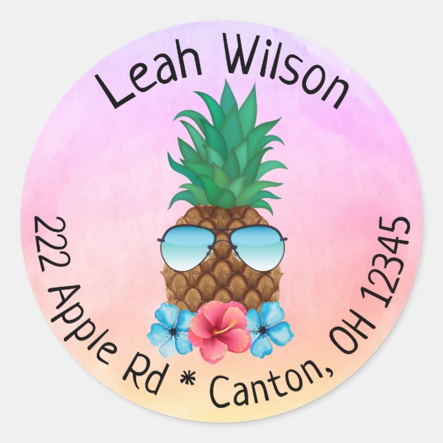 Adesivo Redondo Abacaxi com óculos escuros devolva o rótulo do end (Frente)