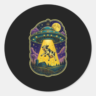 Adesivo Redondo Abdução de vaca por ovni fazenda alienígena engraç