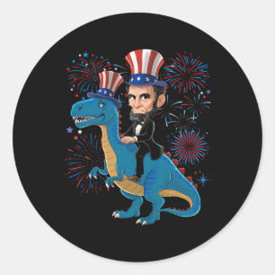 Adesivo Redondo Abe Lincoln Montado Em Um Dinossauro Engraçado 4 D