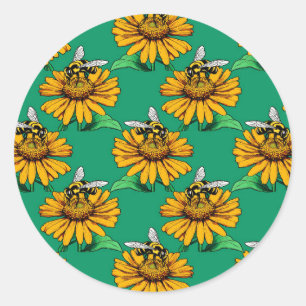 Adesivo Redondo Abeha no Design de Padrão de Flor de Girassol Verd