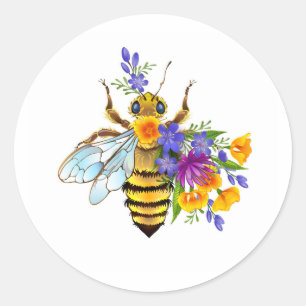 Adesivo Redondo Abeja flor com plantas silvestres