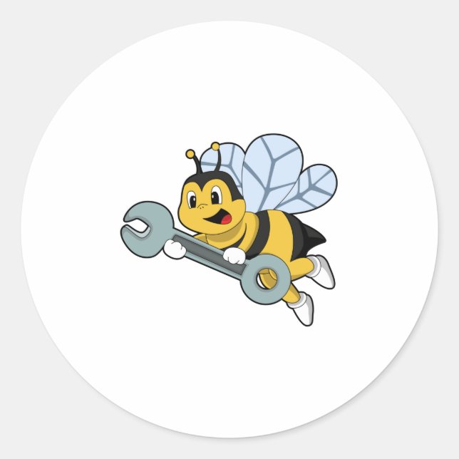 Adesivo Redondo Abelha como mecânica com chave inglesa (Frente)
