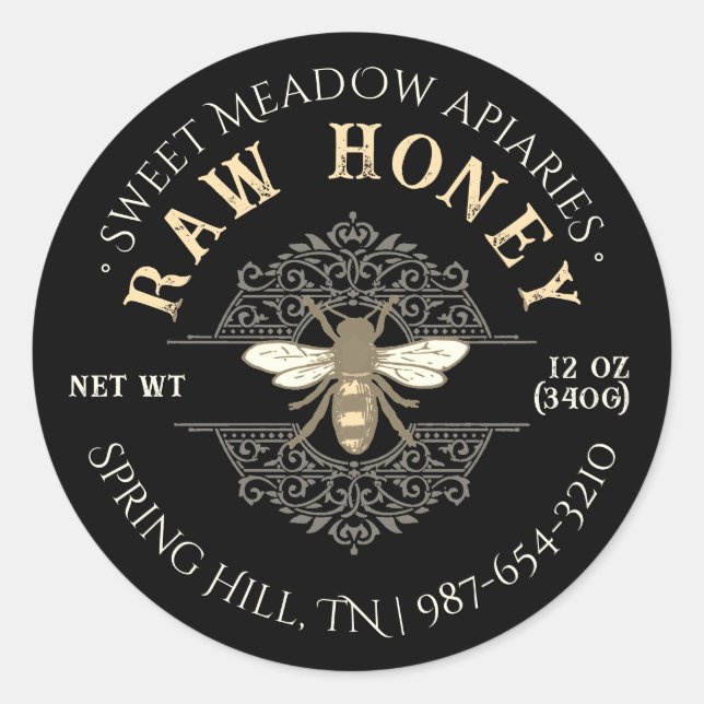 Adesivo Redondo Abelha de mel legante em francês Filagree Honey Bl (Frente)