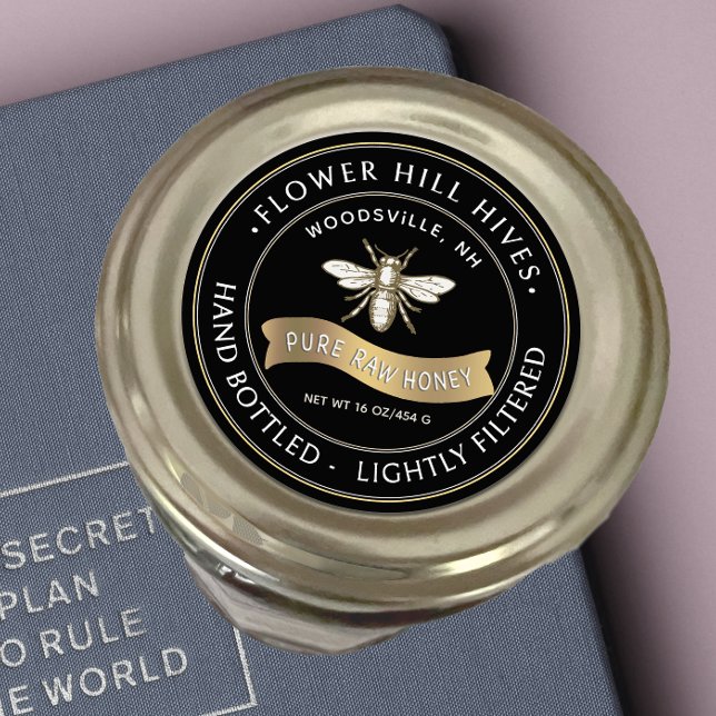 Adesivo Redondo Abelha francesa com faixa Dourada Rótulo de mel pr (Criador carregado)