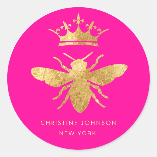 Adesivo Redondo abelha rainha de efeito metálico falso a rosa-néon (Frente)