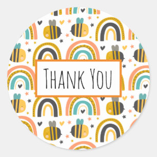Adesivo Redondo Abelhas bonitas e Rainbows Padrão Obrigado