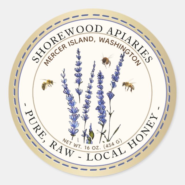 Adesivo Redondo Abelhas e Lavandas Mel de marfim Dourado (Frente)
