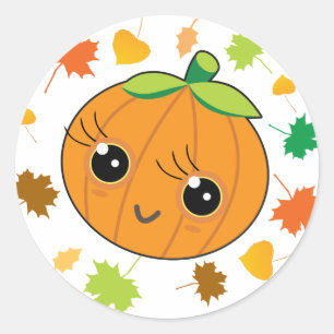 Adesivo Redondo 🎃 Abóbora Adorável com folhas em fundo