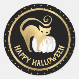 Adesivo Redondo Abóbora branca e gato dourado bolinhas de Hallowee