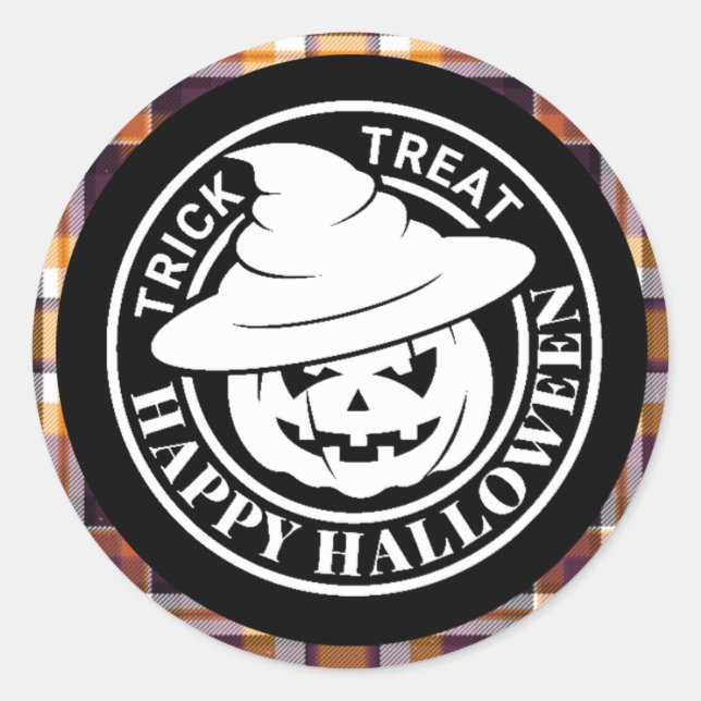 Adesivo Redondo Abóbora Branca Feliz Halloween Xadrez Preto/Laranj (Frente)