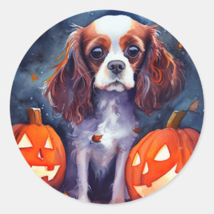Adesivo Redondo Abóbora Cavalier King Charles Spaniel de Halloween
