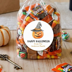 Adesivo Redondo Abóbora com chapéu de bruxa Halloween