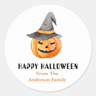 Adesivo Redondo Abóbora com chapéu de bruxa Halloween