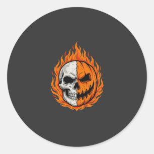 Adesivo Redondo Abóbora de Caveira Flamejante de Halloween com Des