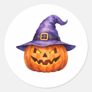 Adesivo Redondo Abóbora de Halloween aquarela em chapéu de bruxa r