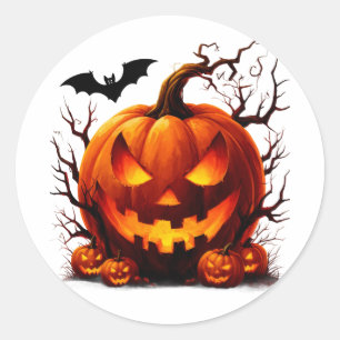 Adesivo Redondo Abóbora de Halloween Assombrada com Olhos Brilhant
