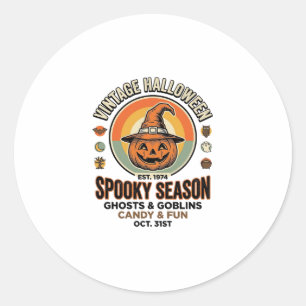 Adesivo Redondo Abóbora de Halloween Chapéu de Bruxa Vintage Engra
