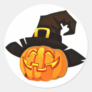 Adesivo Redondo Abóbora de Halloween com Chapéu de Bruxa