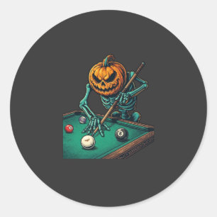 Adesivo Redondo Abóbora de Halloween Esqueleto Jogando Bilhar