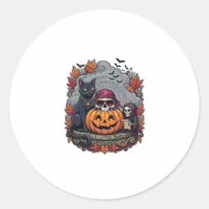 Adesivo Redondo Abóbora de Halloween Gato Caveira Ceifador Outono
