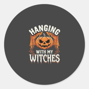 Adesivo Redondo Abobora de Halloween Pendurada Com Minhas Bruxas