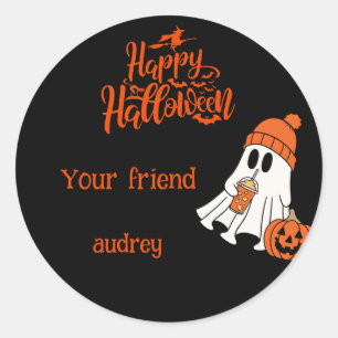 Adesivo Redondo Abóbora Fantasma Feliz Halloween Boo Personalizado