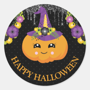 Adesivo Redondo Abóbora Floral Fofa e Glitter Halloween