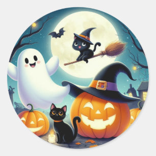 Adesivo Redondo Abóbora, gata e fantasma do Halloween