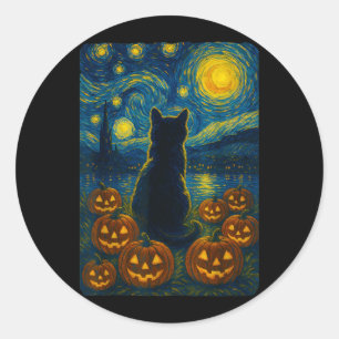 Adesivo Redondo Abóbora Gato Preto Halloween Van Gogh Noite Estrel