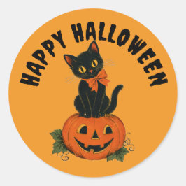 Adesivo Redondo Abóbora Gato Preto Vintage Feliz Halloween