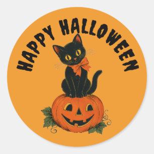 Adesivo Redondo Abóbora Gato Preto Vintage Feliz Halloween