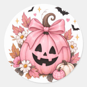 Adesivo Redondo Abóbora Laço Rosa Coquette Halloween