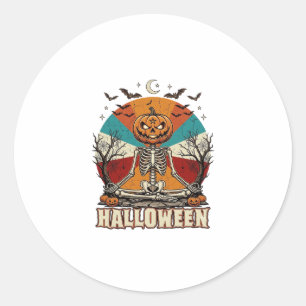 Adesivo Redondo Abóbora Meditando no Halloween Esqueleto Retro Sol