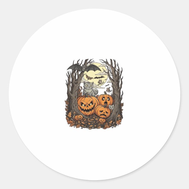 Adesivo Redondo Abóboras de Halloween Gato Cinza Morcego Lua Cheia (Frente)