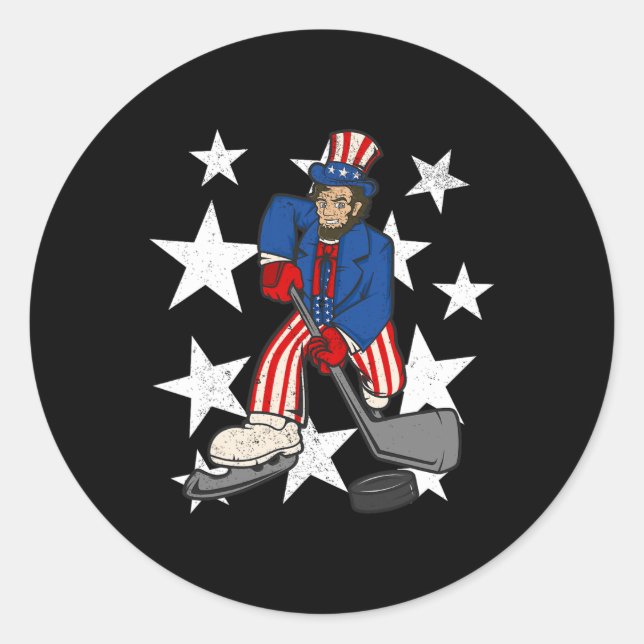 Adesivo Redondo Abraham Lincoln Jogando Hockey Diversão 4 de julho (Frente)